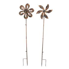 2578070 Gerson Set Of 2 Antique Copper Finish Beaded Flower Pinwheel Wind Spinner Garden Stakes