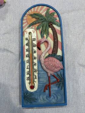 Sooontiques 758606131672 Spoontiques 7.5 Inch Flamingo And Palm Tree Small Window Thermometer