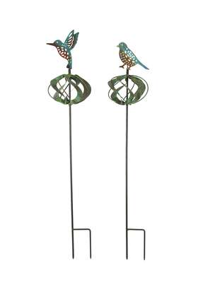 Transpac A1076-set2 Set Of 2 Metal Garden Stake Wind Spinners Hummingbird Robin Outdoor D Cor