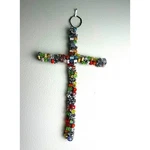 Wall Cross - Multicolored Beaded Mosaic Art Metal Wire Frame. Fixed Price $34.00.