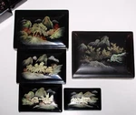 Chinese Lacquer Ware Nesting Box 5 Set - Wood Hand Painted Landscapes Gold. Fixed Price $180.00.