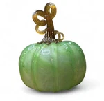 Hand Blown Art Glass Green Pumpkin Curly Yellow Stem. Fixed Price $26.99.