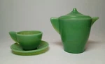 Vintage Akro Agate Green Glass Childs Coffee Pot With Lid & Cup And Saucer. Fixed Price $25.00.