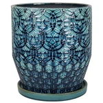Trendspot Ceramic Planter Drainage Holes Intricate Carved Pattern Blue 10 Dia. Fixed Price $59.55.