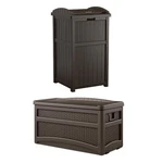 Suncast 73 Gallon Deck Box W/ Seat & Trash Hideaway Outdoor Garbage Bin, Java. Fixed Price $189.29.