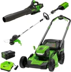 Greenworks 80V 21" Mower, 13" Trimmer, 730 Leaf Blower - 4 Ah Battery & Charger. Fixed Price $1099.99.