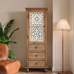 Rustic Wooden Storage Cabinet With Decorative Cutout Door & 3 Drawers, Tall Na. Fixed Price $419.82.