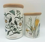 (2) Portmeirion China Botanical Garden Storage Jars With Wooden Lids. Fixed Price $50.00.