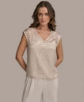 Donna Karan New York Cap-sleeve Silk-blend Burnout Blouse Women's Xl Sand V-neck. Fixed Price $61.95.