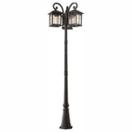 88.5 In. Aged Iron 3-HEAD 3-LIGHT Outdoor Post Lamp With Clear Seedy Glass Shade. Fixed Price $216.66.