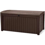 Keter Borneo 110 Gallon Rattan Wicker Resin Patio Deck Storage Box Bench, Brown. Fixed Price $134.99.