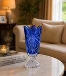 14.5 Blue Bohemian Crystal Footed Vase Flora Czech Glass Centerpiece. Fixed Price $149.99.