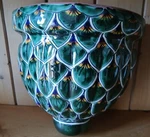 Mexican Talavera Pottery Peacock Feather Design Hanging Ceramic Wall Planter. Fixed Price $37.00.