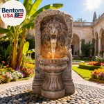 30" Majestic Lion Head Outdoor Water Fountain, Rustic Stone Pedestal Cascading. Fixed Price $257.20.