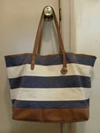 Tommy Hilfiger Canvas Beach Tote Bag - Blue & White Striped Brown 18 X 12. Fixed Price $48.18.