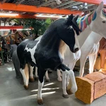 Black And White Piebald Horse Life Size Resin Statue Synthetic Hair Farm Prop. Fixed Price $3218.85.