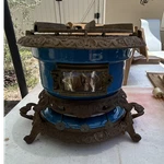 Antique Blue Cast Iron Kerosene Cooking Stove Model 95 Three Burners Ornate Base. Fixed Price $195.00.