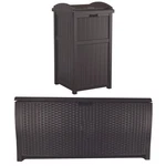 Suncast Trash Hideaway Outdoor Garbage Bin & 99 Gallon Deck Box W/ Seat, Java. Fixed Price $243.99.