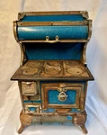 Antique Karr Range Co. Salesman Sample Mini Blue Enamel Cast Iron Stove. Fixed Price $495.00.