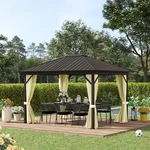 10' X 12' Hardtop Gazebo, Mesh, Curtains, Steel Roof, Aluminum Frame, Cream. Fixed Price $469.99.