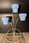 3 Light Blue Akro Agate Slag Glass 2.5 In Flower Pots With Wire Display. Fixed Price $45.00.