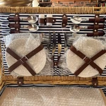 Picnic Time New Willow Basket Service For 4 / Navy And White Striped. Fixed Price $150.00.