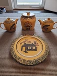 Vintage Pfaltzgraff Folklore Pottery Set - Canister, 2 Teapots, Plate Blue.... Fixed Price $74.99.