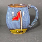 Golf Mug Studio Pottery Blue Glaze Flag Ball Signed Handmade Gift Cup. Fixed Price $19.95.
